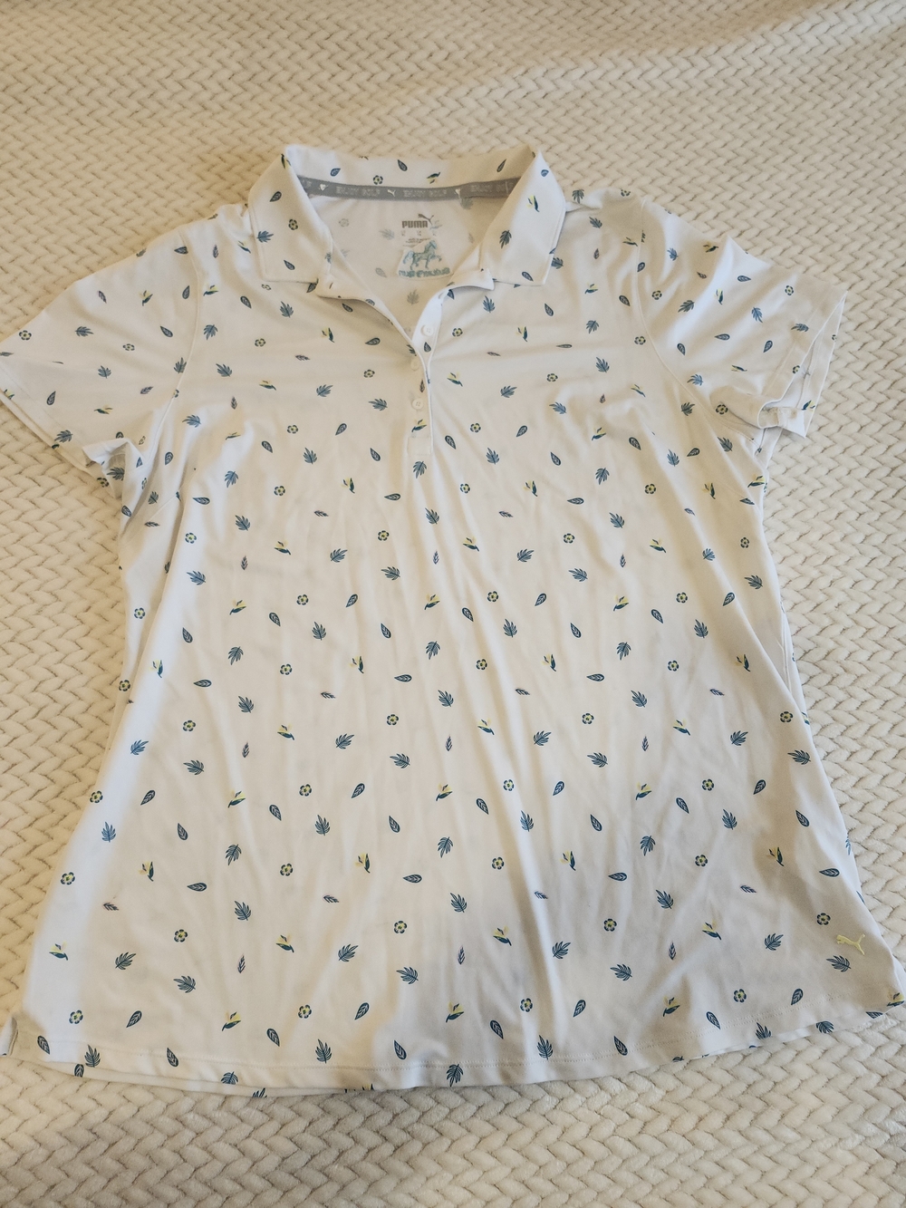 Puma White Polo with Blue Leaf Print and Yellow Floral Details
